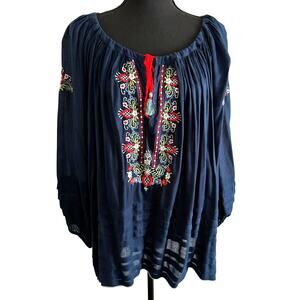 Kyla Seo - Bohemian Oversized Embroidered Navy Blouse - Extra Large